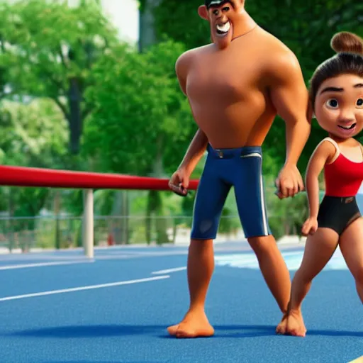 Prompt: young beautiful athletic Filipino woman with long hair standing beside a handsome caucasian athletic thin man with short buzzed hair, high widows peak, stubble on his face, blue eyes, depicted as Pixar characters, high quality cg render