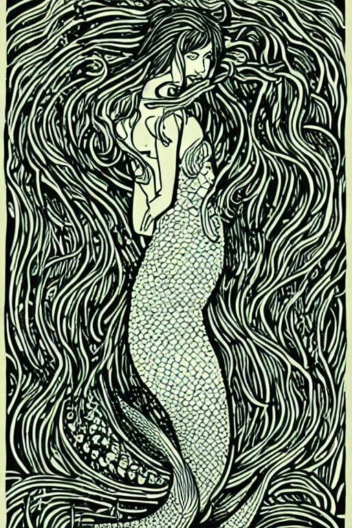 Image similar to portrait of a mermaid in kelp by MCBESS, 2 colour print