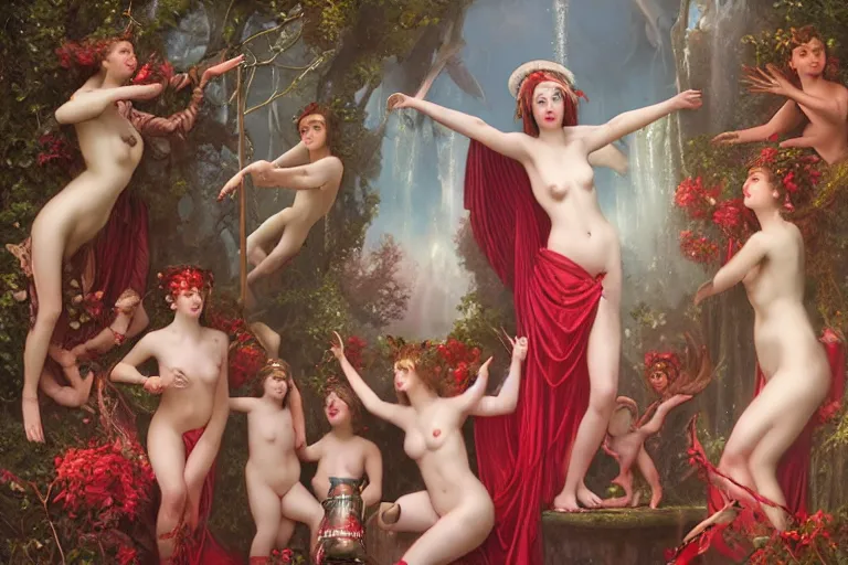 Image similar to the goddess of red solo cups surrounded by a court of nymphs, by tom bagshaw peter kemp