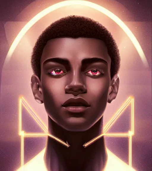 Image similar to symmetry!! egyptian prince of technology, solid cube of light, hard edges, product render retro - futuristic poster scifi, lasers and neon circuits, brown skin man egyptian prince, intricate, elegant, highly detailed, digital painting, artstation, concept art, smooth, sharp focus, illustration, dreamlike, art by artgerm