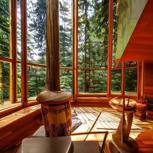 Image similar to interior of a Psychedelic Solarpunk frank lloyd wright house in the redwoods on a sunny day