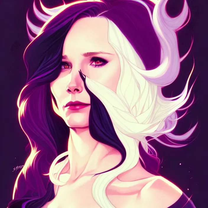 Prompt: style artgerm, joshua middleton, phil noto, beautiful kristen bell with black dress, very long white hair, symmetrical face, symmetrical eyes, purple fire powers fire swirling, detailed, forest setting, cinematic lighting