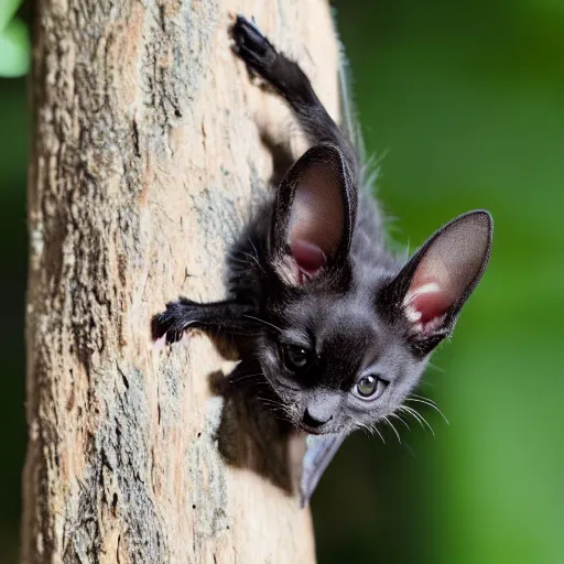 Image similar to a bat kitten, sitting on a tree, photo taken by a nikon, very detailed, 4k