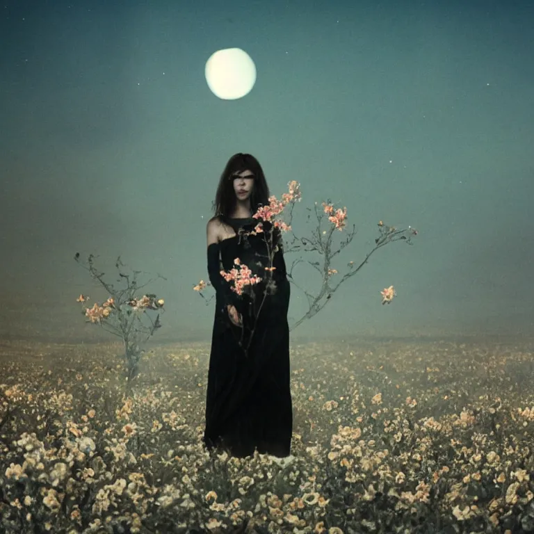 Image similar to The full body shot of beautiful pale woman with many eyes flowers and full-face golden mask inside a thick black smoke in rocky desert landscape, glowing eyes, falling star on the horizon, burning earth by Gaspar Noe and Christopher Doyle, anamorphic lens, anamorphic lens flares, kodakchrome, cinematic composition, practical effects, award winning photo, 8k