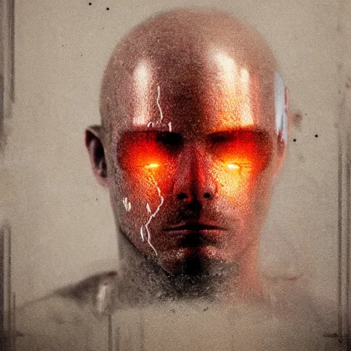 Prompt: mugshot photo of an ugly criminal, cyborg, (((high tech, cyberpunk))), by cy Twombly and BASTIEN LECOUFFE DEHARME, ((very coherent symmetrical artwork, cinematic, hyper realism, high detail, octane render, unreal engine, 8k))