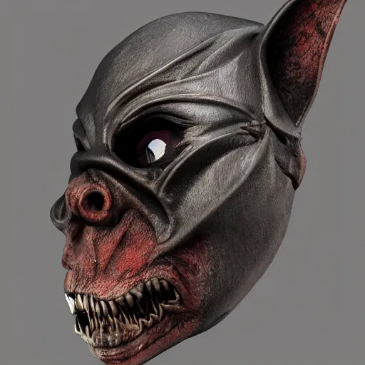 Image similar to a realistic vampire bat steel mask, epic scale, character concept art, face symmetry, intricate accurate details, artstation trending, octane render, cinematic color grading, soft light, rule of thirds, golden ratio, like a professional model, cinematic, 8 k, clear.