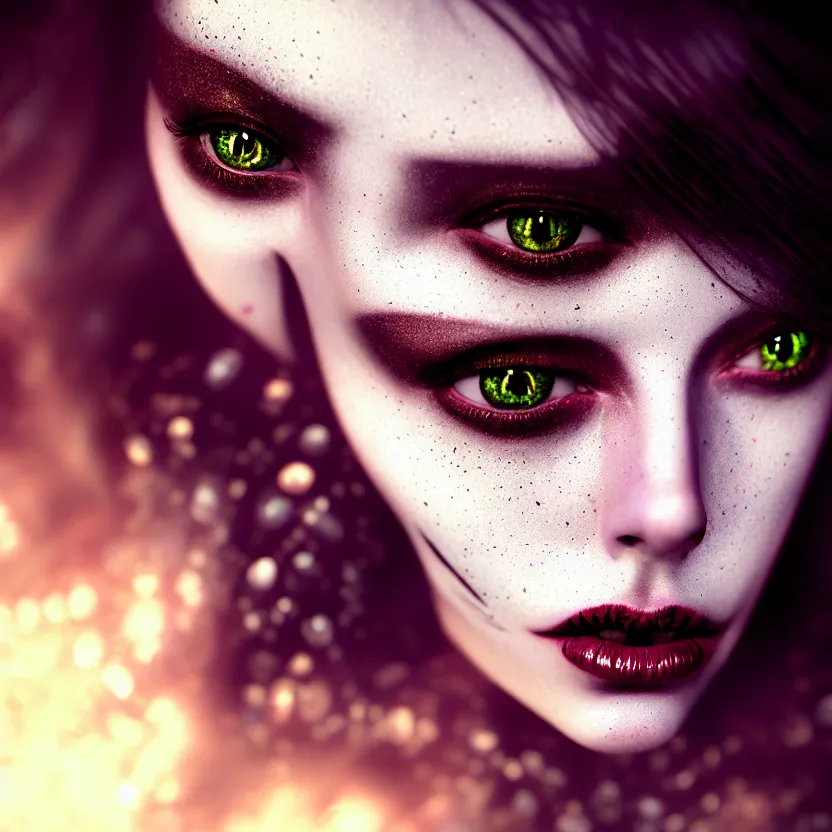 Image similar to single faced portrait of enchanting femenine witch, hyper attractive, seductive, very complex, hyper - maximalist, overdetailed, legendary cinematic, darkfantasy, archetype with timeless beauty breathtaking eyes, highly intricate, realism, perspicious detail, silent hill aesthetic, photorealistic, lifelike, dslr 8 k, unbeatable coherency, octane render