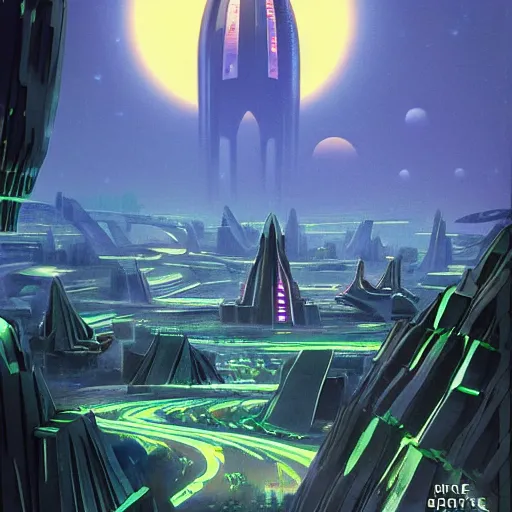 Image similar to futuristic city that orbits a desolate moon and lush planet, concept art, pulp novel cover