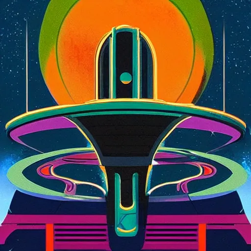 Image similar to futurama spaceship in a modern style of art deco painting