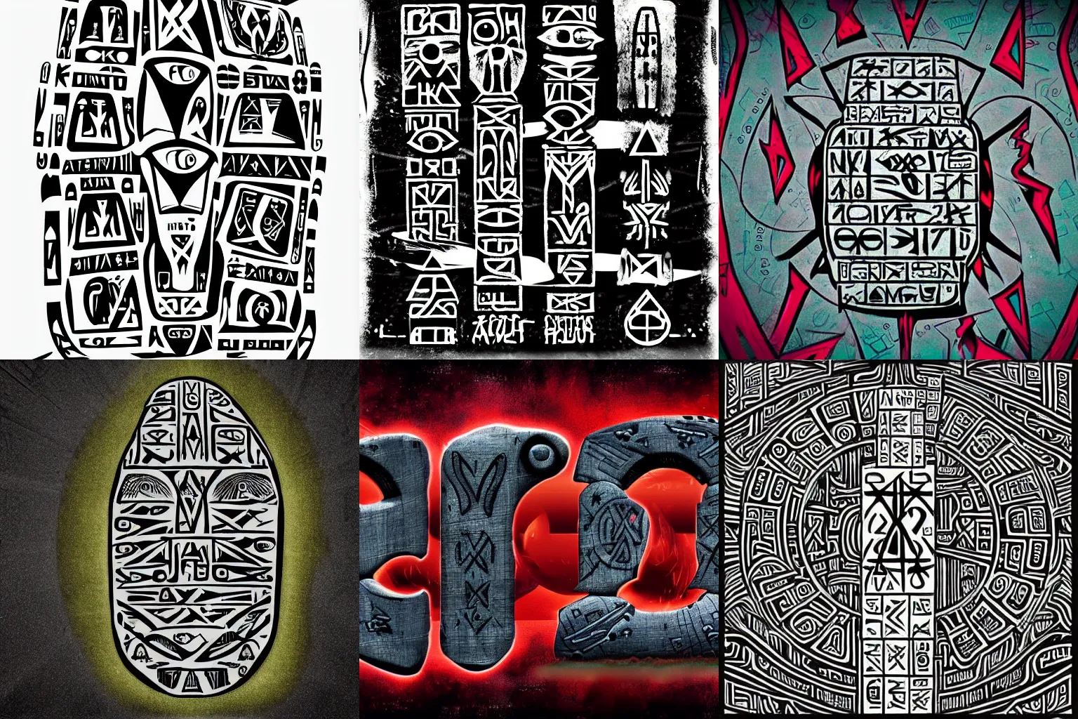 Prompt: Moai menhirs and futhark runes, sci-fi futuristic graffiti calligraphy, cartoon digital art