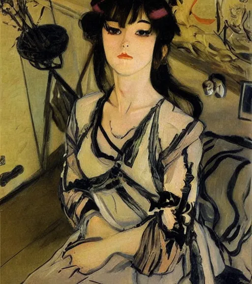 Image similar to valentin serov painting of an anime woman