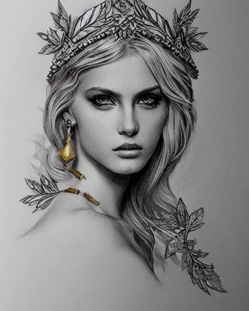 Image similar to tattoo design sketch of hot blonde super model as aphrodite greek goddess wearing a gold laurel wreath and triangle earrings, beautiful piercing gaze with sharp pupils, in the style of greg rutkowski, fantasy, amazing detail, epic, elegant, smooth, sharp focus, front view