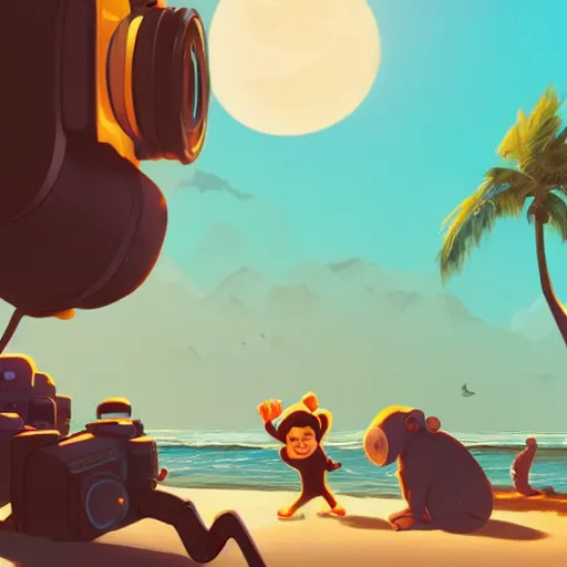 Image similar to monkey holding a camera in the Beach, mattepainting concept Blizzard pixar maya engine on stylized background splash comics global illumination lighting artstation lois van baarle, ilya kuvshinov, rossdraws