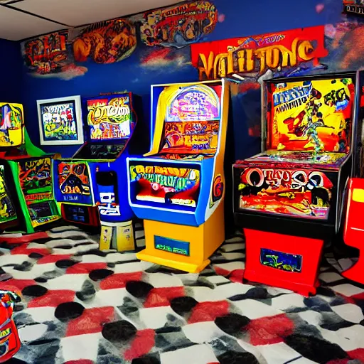 Prompt: large Mancave full of 80s toys games arcade games, fruit machines, pinball and wall posters Stuffy atmosphere, shadows, vintage, highly detailed, abandoned,