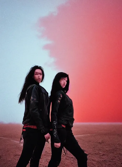 Image similar to cinestill 5 0 d photographic portrait of two loving female androids wearing rugged black techwear on a desolate plain with a red sky, extreme closeup, cyberpunk style, in front of a brutalist dark metal facility, dust storm, 8 k, hd, high resolution, 3 5 mm, f / 3 2, ultra realistic faces, ex machina