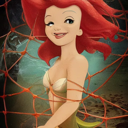 Image similar to disney poster of the little mermaid ariel trapped in a fishing net, distressed, sad, 4 k, artstation
