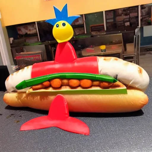 Prompt: a real life representation of a hotdog riding a shark