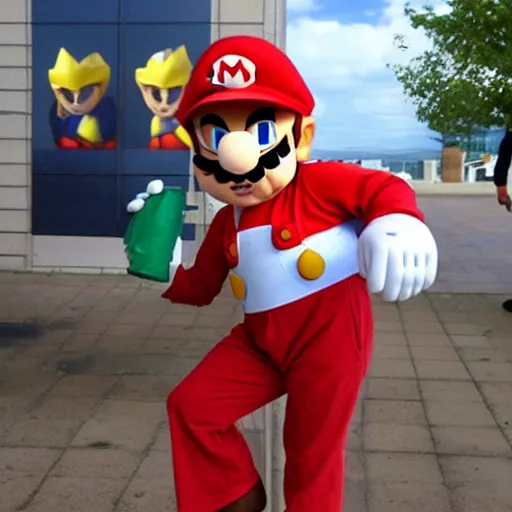 Image similar to a man poorly cosplaying super mario characters