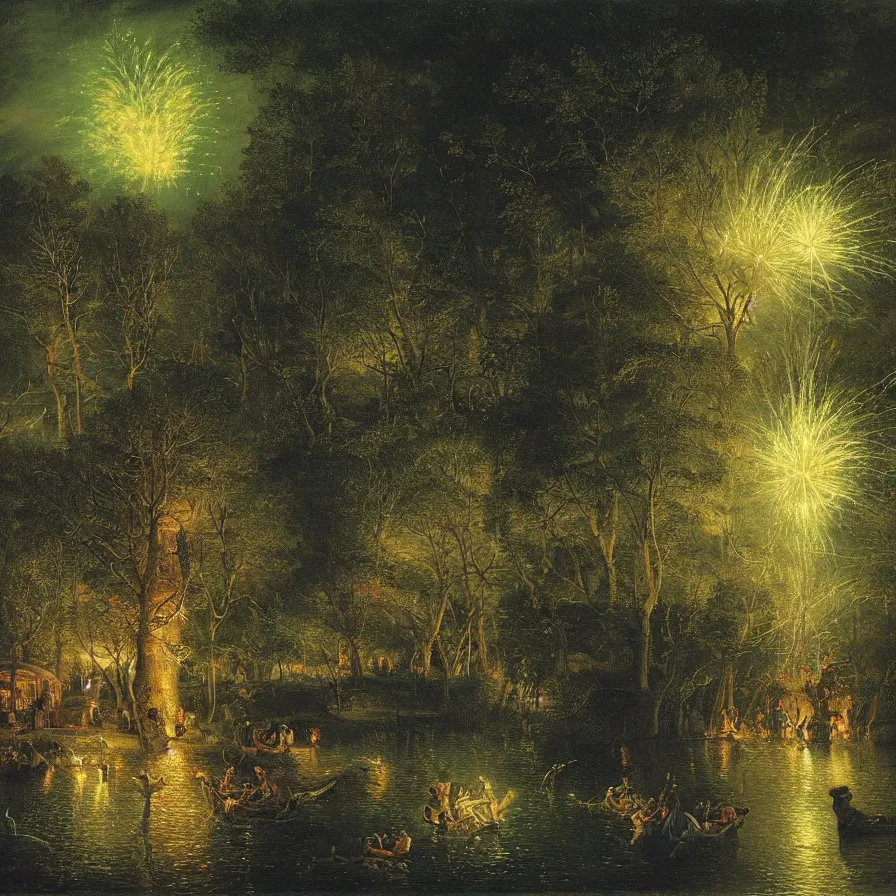 Image similar to a night carnival around a magical in a summer storm, tree cavity with a music scenario with many fireworks and christmas lights, next to a lake with iridiscent lake water, volumetric lightning, folklore people disguised with fantastic creatures in a magical forest by summer night, masterpiece painted by adam elsheimer, scene by dark night environment, refraction lights, five star stories