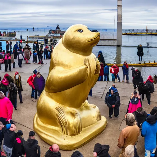 Image similar to humans praying to a statue of a giant golden baby harp seal, Leica, 4k photo