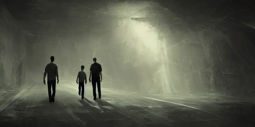 Prompt: a detailed hyper realistic photograph of a father and his son walking in a dark room with Virtual reality headsets experience digital wildlife, artstation, sophisticated, depth of field, Unreal engine, dystopia, anti-utopia, post processing, nostalgic melancholic artwork, intricate