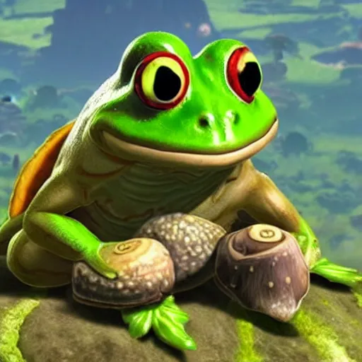 Image similar to a warrior frog atop a mushroom in breath of the wild