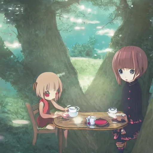 Prompt: anime little girl drinking tea with a friendly cryptid, digital art, artstation, studio ghibli, by miyazaki