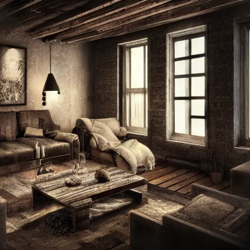 Prompt: rustic apartment interior, highly detailed, concept art, dark moody, night