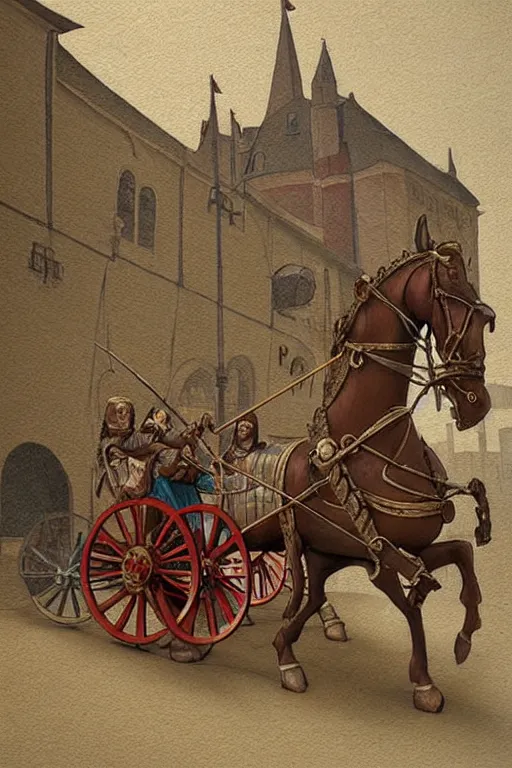 Prompt: ( ( ( ( ( ( ( a medieval chariot riding through town ) ) ) ) ) ) ) by chris mcgrath!!!!!!!!!!!!!! muted colors, detailed