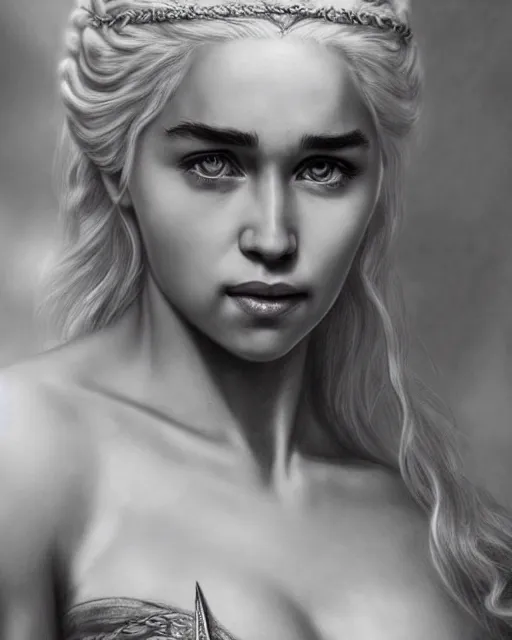 Image similar to pencil drawing of beautiful daenerys targaryen as greek goddess aphrodite with arrowhead jewelry, beautiful piercing eyes, beautiful blonde hair, hyper realistic face, in the style of greg rutkowski, fantasy, amazing detail, epic, elegant, smooth, sharp focus, from the front