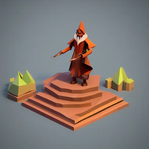 Image similar to Isometric low poly 3D model of a wizard, Unreal Engine, Blender, 4K, sharp