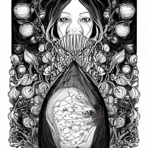 Prompt: the face of an incredibly beautiful, and good looking young woman dressed as a bulb of garlic, an ultrafine detailed illustration by james jean, intricate linework, bright colors, final fantasy, behance contest winner, vanitas, angular, altermodern, unreal engine 5 highly rendered, global illumination, radiant light, detailed and intricate environment