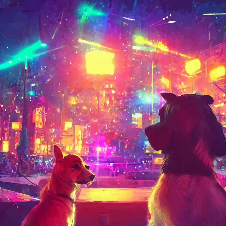 Prompt: two dogs, watching a pop concert, bright colorful lights, crowded, excited atmosphere, digital art, concept art, trending on artstation, cinematic lighting