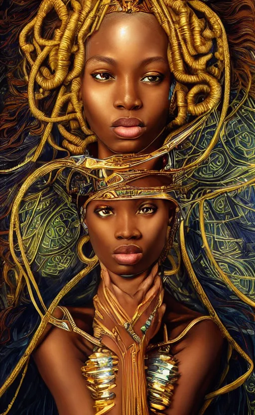 Image similar to beautiful young african cyborg princess muse, dazzling glowing eyes, elegant, striking composition, highly detailed ornate sci fi background, highly detailed, beautiful composition, mural painting in the style of sandro botticelli, caravaggio, albrecth durer