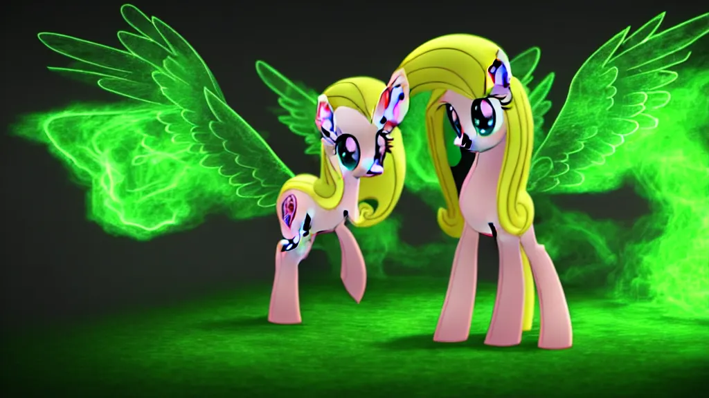 Image similar to 3D Fluttershy from My Little Pony as a necromancer, standing over a dead pony, bright green swirls coming up around her, glowing aura, pitch black background, dramatic and colorful lighting, she is surrounded by green chibi glowing skulls, smoke all around, unrealengine, 4k, HDR