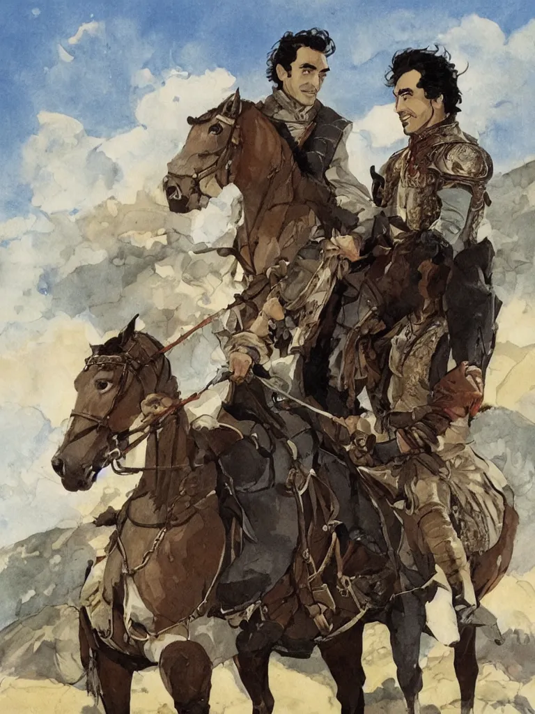 Prompt: portrait of Vittorio Gassman as Brancaleone da Norcia in the movie L'armata Brancaleone, in a fantasy world with his horse, studio ghibli