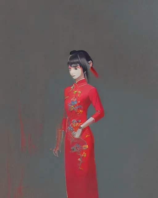 Prompt: a ultradetailed beautiful panting of a asian robotic female wearing traditional red ao dai, by ilya kuvshinov, greg rutkowski and makoto shinkai, trending on artstation