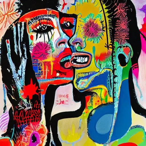 Image similar to acrylic painting of two bizarre psychedelic women kissing in japan in summer, speculative evolution, mixed media collage by basquiat and jackson pollock, maximalist magazine collage art, sapphic art, psychedelic illustration