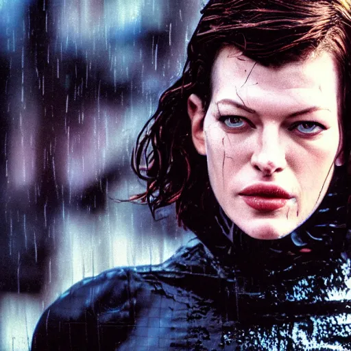 Prompt: cinestill 5 0 d candid photographic portrait by stanley kubrick of milla jovovich wearing rugged black mesh techwear in treacherous waters, flooded city, medium closeup, retrofuturism cyberpunk moody emotional cinematic, pouring iridescent rain, 8 k, hd, high resolution, 3 5 mm, f / 3 2, ultra realistic face, ex machina