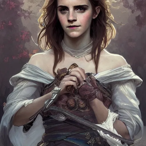 Prompt: emma watson as a rogue, d & d, fantasy, intricate, elegant, highly detailed, digital painting, artstation, concept art, matte, sharp focus, illustration, art by greg rutkowski and alphonse mucha