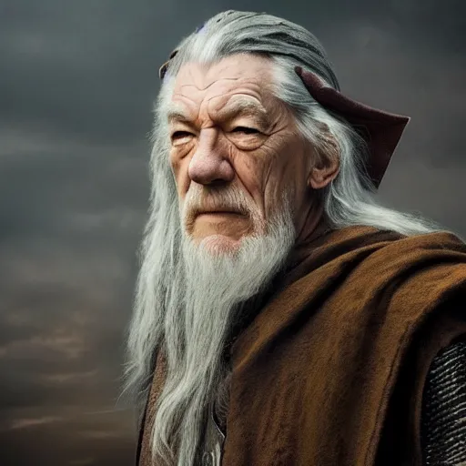 Image similar to profile photo of the evil ian mckellen as gandalf in a dark viking hood playing odin all father from the thor movie, highly detailed, cinematic shot, cinematic lighting, 8 k, exquisit facial detail