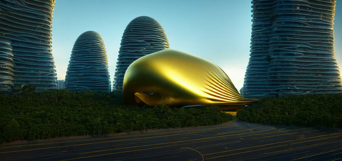 Prompt: futuristic shinny golden building in an jungle landscape of a biopunk city by taras shevchenko and frank gerhy, roads designed by zaha hadid and oscar niemeyer, movie poster, golden ratio, at dusk lighting, evening lighting, film still, realistic, octane render redshift arnold materials unreal engine, 8 k post production, hyper detailed