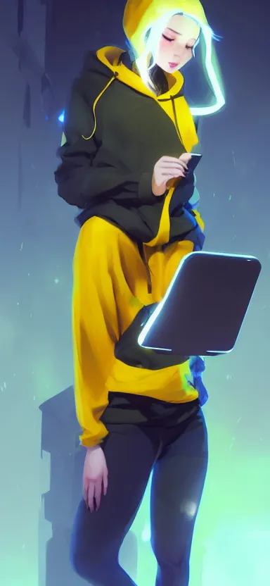 Prompt: a vtuber model concept art of a beautiful girl in a black and yellow hoodie typing in an iphone, full body art, artstation, digital art, smiling face, commission art, style by jordan grimmer and greg rutkowski, 4 k resolution