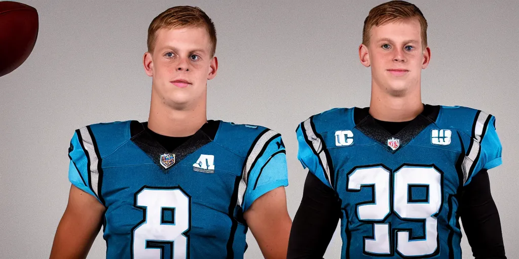 Prompt: photograph of joe burrow in a carolina panthers jersey portrait black background