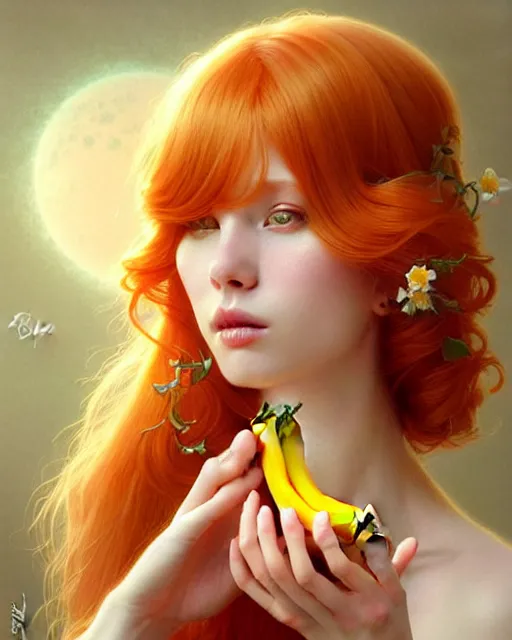 Image similar to Beautiful and playful ethereal ginger portrait eating banana, art nouveau, fantasy, intricate flower designs, elegant, highly detailed, sharp focus, art by Artgerm and Greg Rutkowski and WLOP