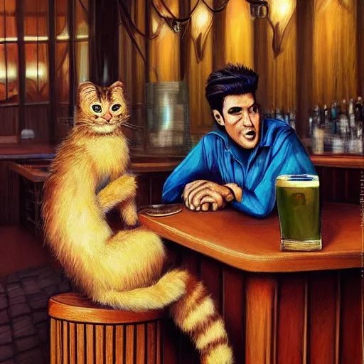 Prompt: “Garfield the cat and Elvis Presley sitting at the bar, realistic, hiperrealist, photorealist, intricate, sharp focus, cinematic lights, Artstation HQ, Deviantart trending, 4K UHD, masterpiece”