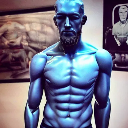 Image similar to “a realistic detailed photo of a guy who is an attractive humanoid who is half robot and half humanoid, who is a male android, boxer Conor McGregor, shiny skin, posing like a statue, blank stare”