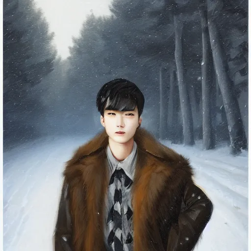 Image similar to beautiful snow - covered korean young man posing on road in park with pines, dressed in leather coat, night, 1 9 8 0 s haircut, half - length portrait, perfect symmetrical eyes, cinematic by peter mohrbacher, detailed, hyperrealism