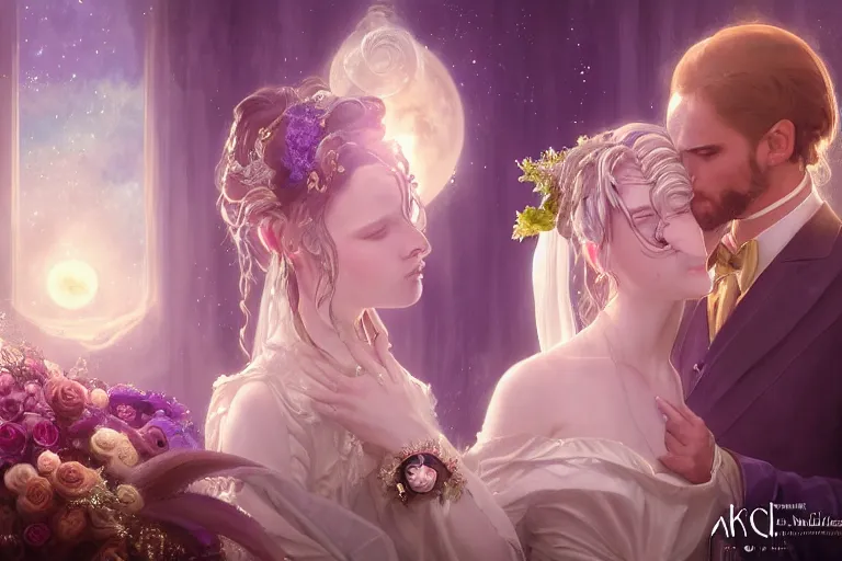 Image similar to a dreamlike cinematic portrait of wedding photograph close up moment of a divine a russia sun god and moon goddess lovers magician at a wedding banquet. portraiture. digital painting. artstation. concept art. fantasy wedding photo. digital painting, 8 k realistic, hyper detailed, violet evergarden art masterpiece by art by krenz cushart