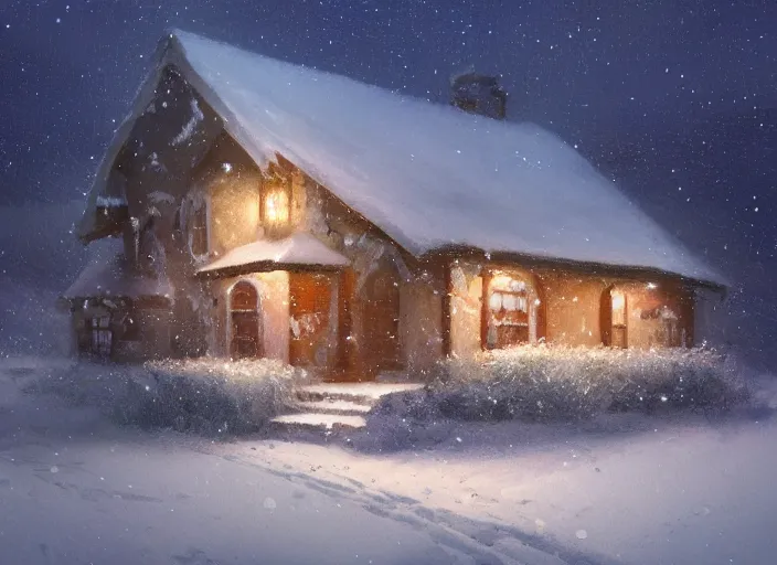 Image similar to snow - covered small house, night, stars in the sky, the milky way in the sky, winter landscape, painting by craig mullins, octane rendering, wide angle lens, in the style of hayao miyazaki, trending on artstation,